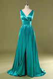 Robe de demoiselle d'honneur longue turquoise à col en V