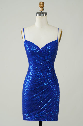 Sparkly Bodycon Spaghetti Straps Royal Blue Sequins Short Homecoming Dress