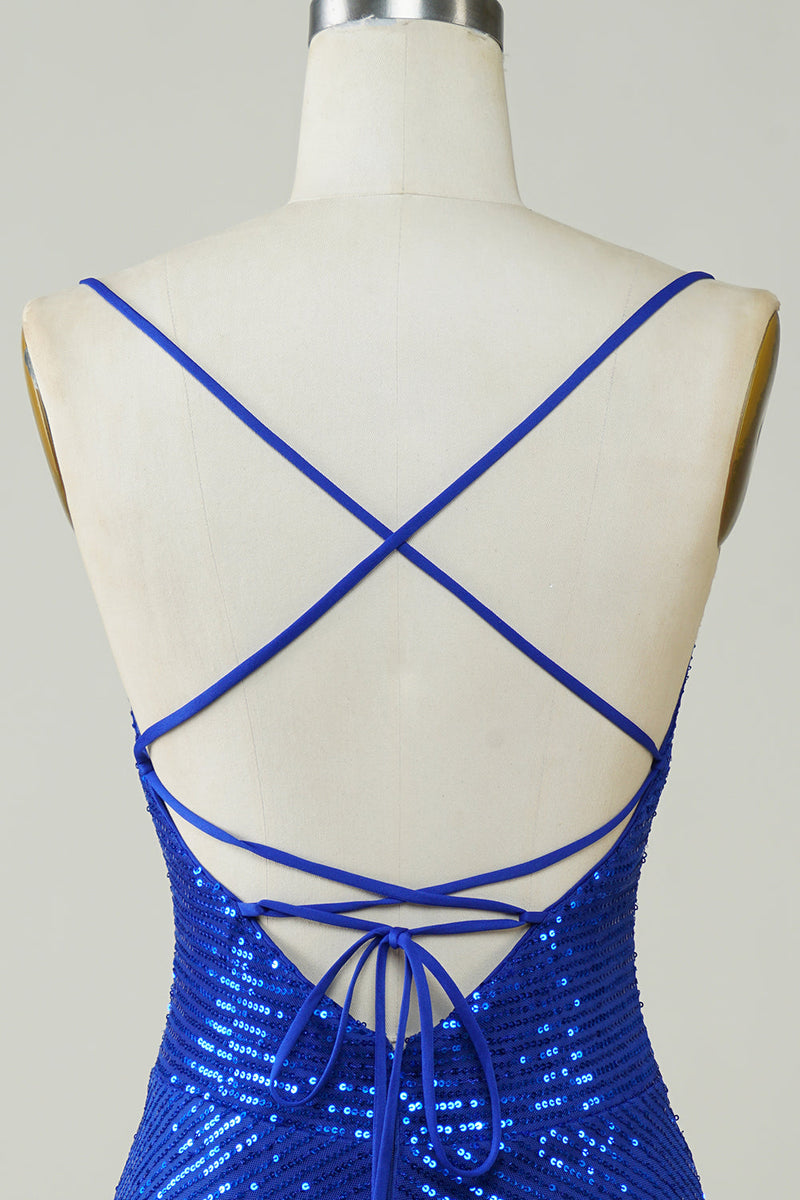 Charger l&#39;image dans la galerie, Sparkly Bodycon Spaghetti Straps Royal Blue Sequins Short Homecoming Dress
