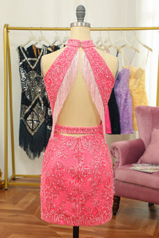 Rose Open Back Halter Lace Tight Homecoming Robe