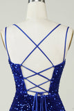 Gaine Paillettes bleu roi Robe courte de cocktail avec Criss Cross Back