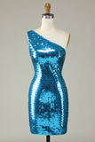 Paillettes Bleu Royal Une Épaule Paillettes Robe Cocktail moulante
