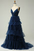 Charger l&#39;image dans la galerie, Une ligne Spaghetti Straps Navy Long Prom Dress avec des volants