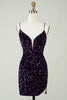 Charger l&#39;image dans la galerie, Paillettes violettes scintillantes Robe courte sans dos moulante avec fente