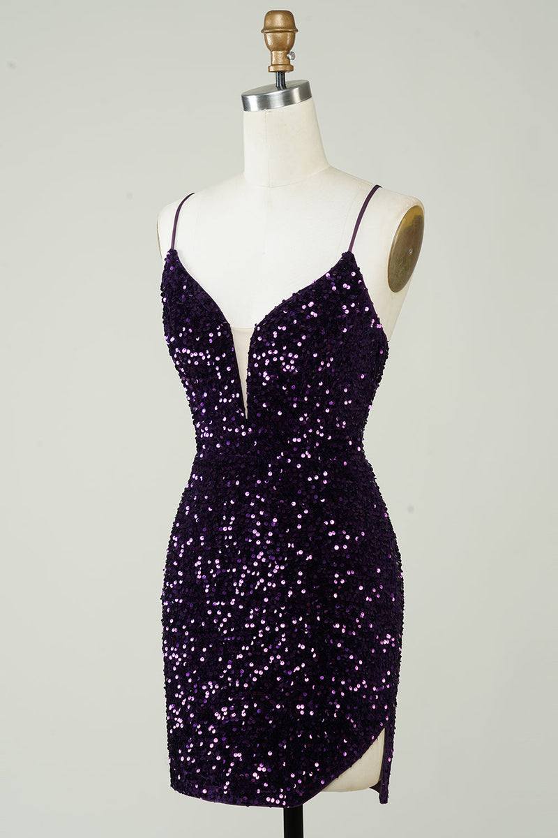 Charger l&#39;image dans la galerie, Paillettes violettes scintillantes Robe courte sans dos moulante avec fente