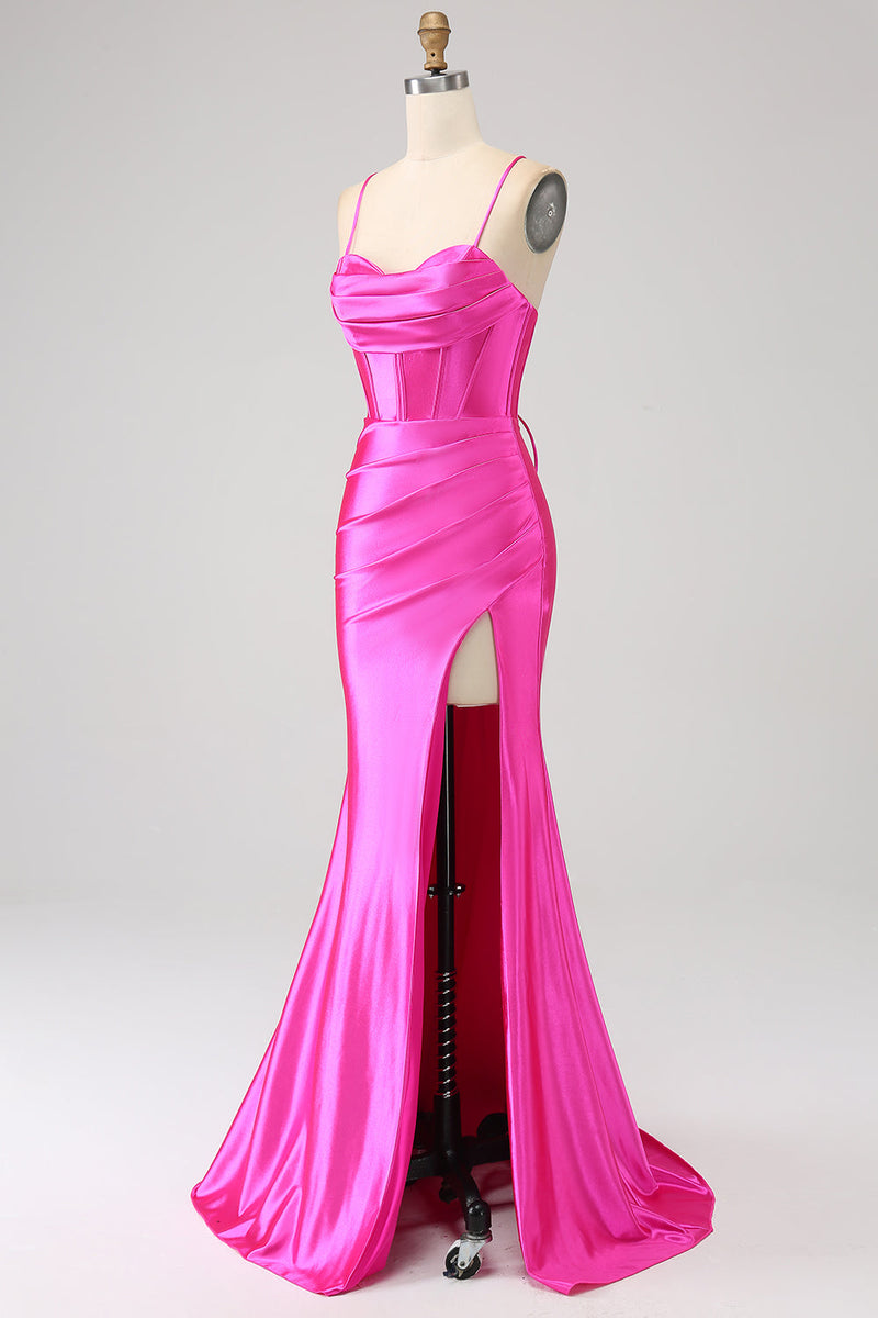 Charger l&#39;image dans la galerie, Superbe robe de soirée corset à bretelles spaghetti sirène rouge avec fente devant