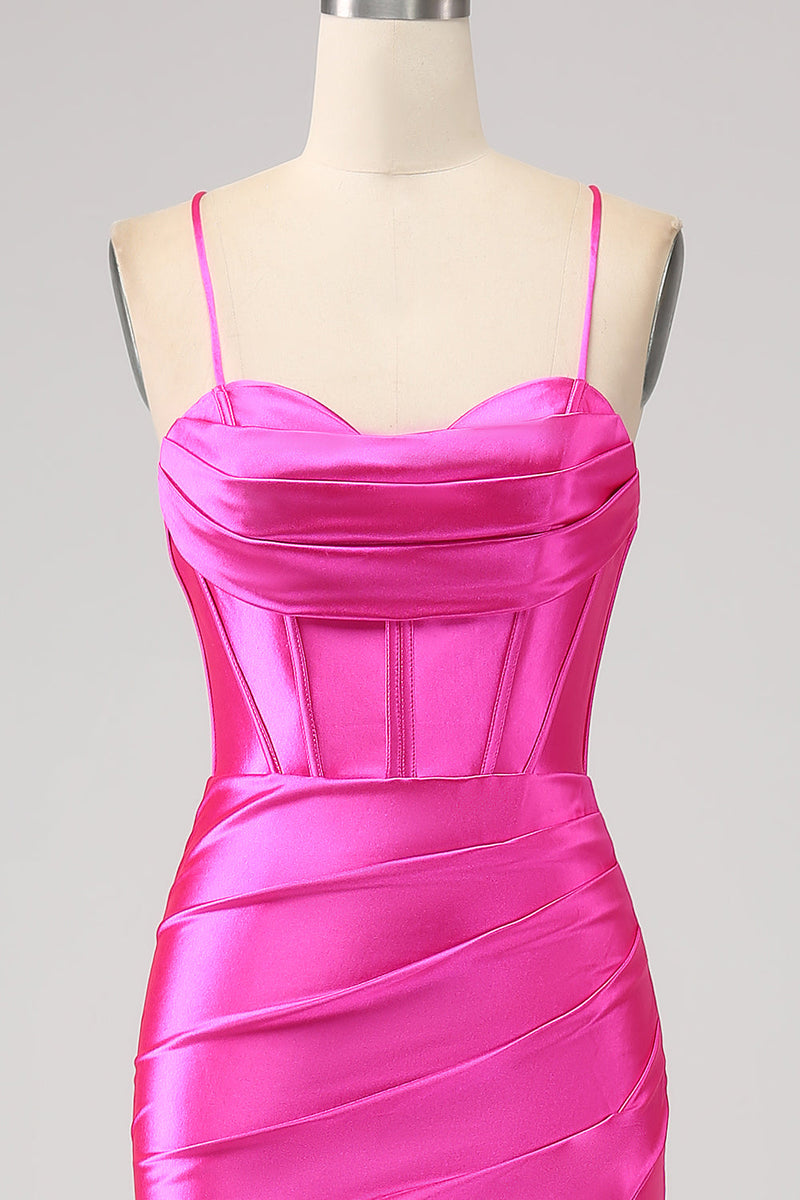 Charger l&#39;image dans la galerie, Superbe sirène bretelles spaghetti fuchsia corset robe de soirée avec fente devant