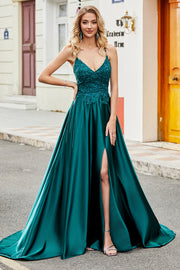 Tendance A Line Spaghetti Bretelles Paon Vert Longue Robe De soirée Avec Appliques