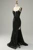 Charger l&#39;image dans la galerie, Sangles Spaghetti Sirène Paillettes Noires Robe longue de bal avec front fendu
