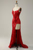 Charger l&#39;image dans la galerie, Bretelles Spaghetti Robe longue Soirée rouge avec front fendu