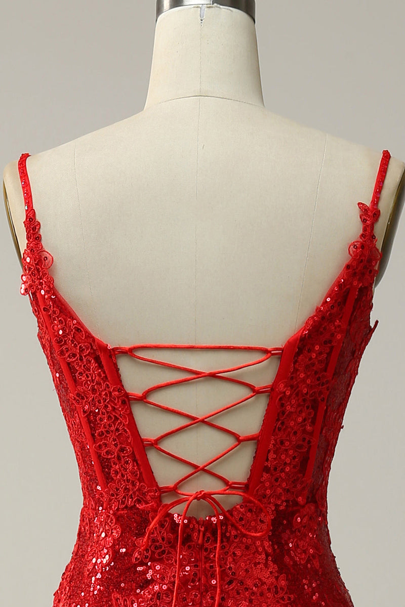 Charger l&#39;image dans la galerie, Bretelles Spaghetti Robe longue Soirée rouge avec front fendu