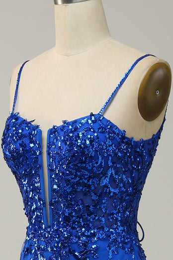 Bretelles spaghetti Sirène Paillettes bleu Royal Robe longue de Soirée avec front fendu