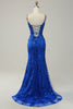 Charger l&#39;image dans la galerie, Bretelles spaghetti Sirène Paillettes bleu Royal Robe longue de Soirée avec front fendu