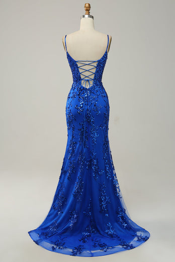 Bretelles spaghetti Sirène Paillettes bleu Royal Robe longue de Soirée avec front fendu
