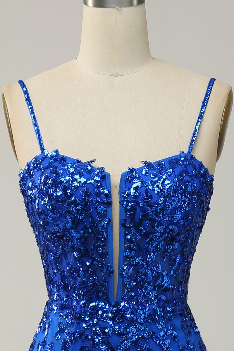 Charger l&#39;image dans la galerie, Bretelles spaghetti Sirène Paillettes bleu Royal Robe longue de Soirée avec front fendu