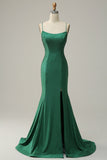 Sangles Spaghetti Sirène Robe de bal longue vert foncé avec perles