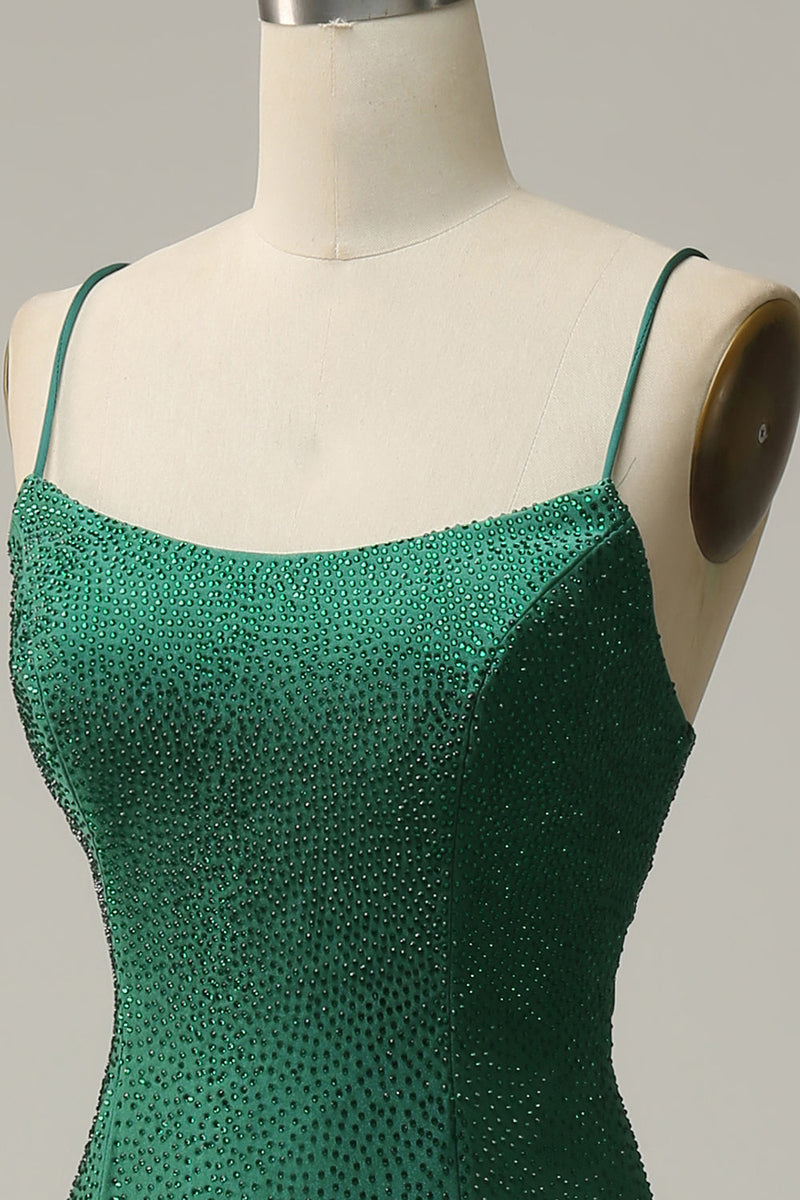 Charger l&#39;image dans la galerie, Sangles Spaghetti Sirène Robe de bal longue vert foncé avec perles