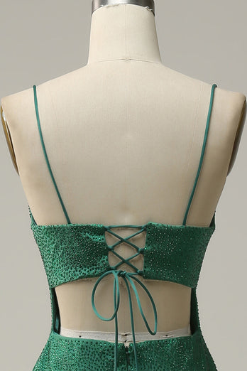 Sangles Spaghetti Sirène Robe de bal longue vert foncé avec perles
