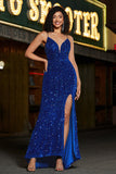 Robe de soirée longue à paillettes à sequins sirène bleu royal avec fente