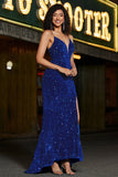 Robe de soirée longue à paillettes à sequins sirène bleu royal avec fente