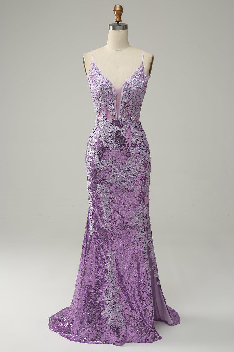Charger l&#39;image dans la galerie, Sirène Bretelles Spaghetti Robe de soirée longue violette avec Appliques