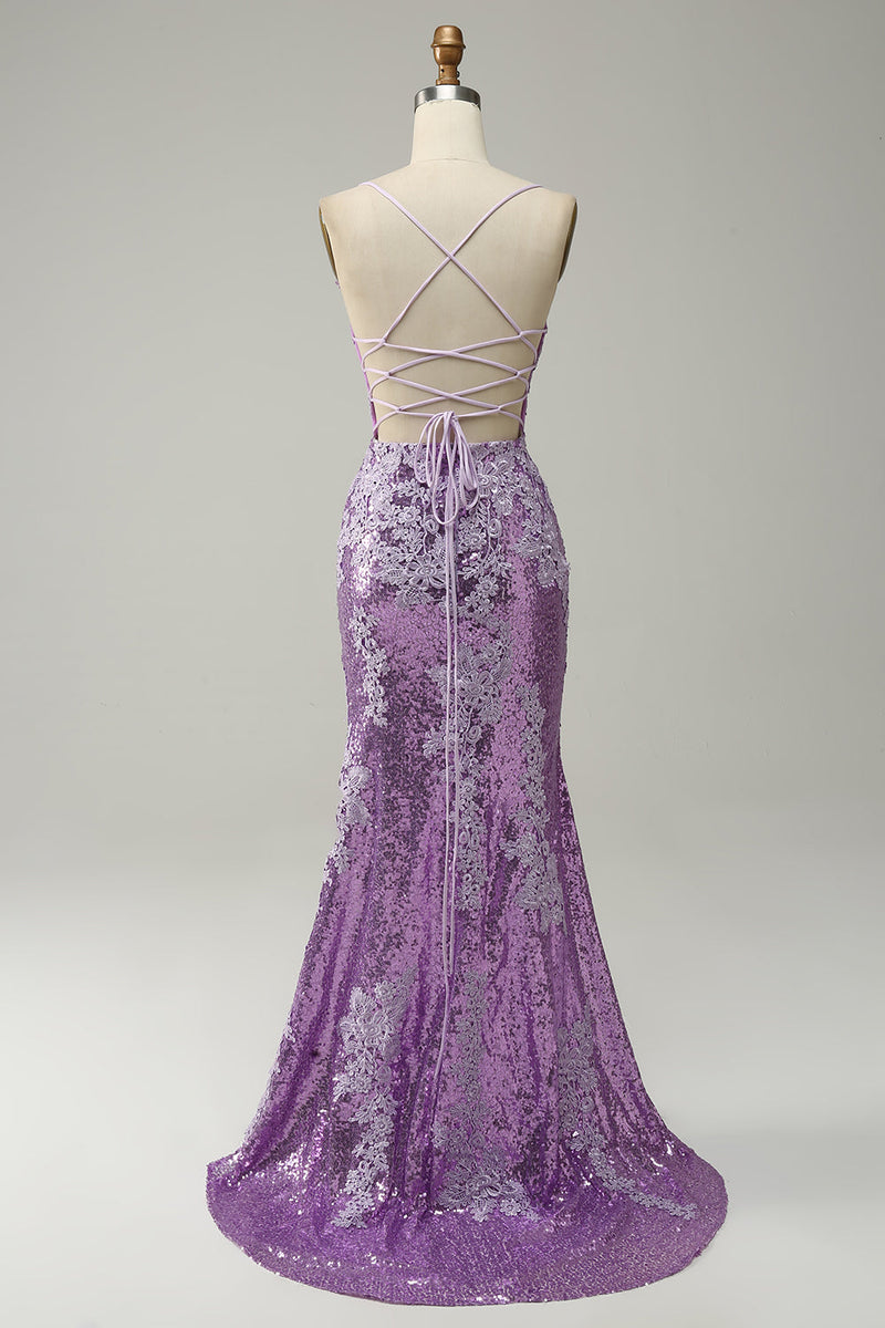 Charger l&#39;image dans la galerie, Sirène Bretelles Spaghetti Robe de soirée longue violette avec Appliques