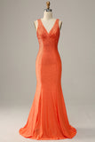 Robe de soirée longue orange à col en V sirène avec Perles