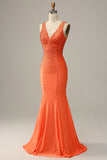 Robe de soirée longue orange à col en V sirène avec Perles