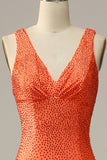 Robe de soirée longue orange à col en V sirène avec Perles