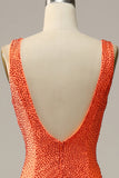 Robe de soirée longue orange à col en V sirène avec Perles