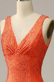 Robe de soirée longue orange à col en V sirène avec Perles