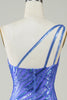 Charger l&#39;image dans la galerie, Gaine Une épaule Bleue Paillettes Robe courte de retour avec pompon