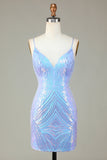 Spaghetti Sparkly Sheath Straps Blue Sequins Robe courte cocktail avec dos nu