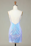 Spaghetti Sparkly Sheath Straps Blue Sequins Robe courte cocktail avec dos nu