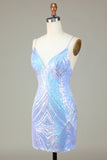 Spaghetti Sparkly Sheath Straps Blue Sequins Robe courte cocktail avec dos nu