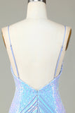 Spaghetti Sparkly Sheath Straps Blue Sequins Robe courte cocktail avec dos nu