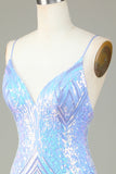 Spaghetti Sparkly Sheath Straps Blue Sequins Robe courte cocktail avec dos nu