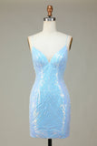 Spaghetti Sparkly Sheath Straps Blue Sequins Robe courte cocktail avec dos nu