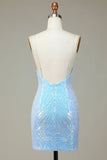 Spaghetti Sparkly Sheath Straps Blue Sequins Robe courte cocktail avec dos nu