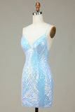 Spaghetti Sparkly Sheath Straps Blue Sequins Robe courte cocktail avec dos nu