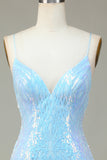 Spaghetti Sparkly Sheath Straps Blue Sequins Robe courte cocktail avec dos nu