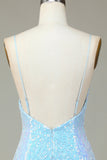 Spaghetti Sparkly Sheath Straps Blue Sequins Robe courte cocktail avec dos nu