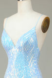 Spaghetti Sparkly Sheath Straps Blue Sequins Robe courte cocktail avec dos nu