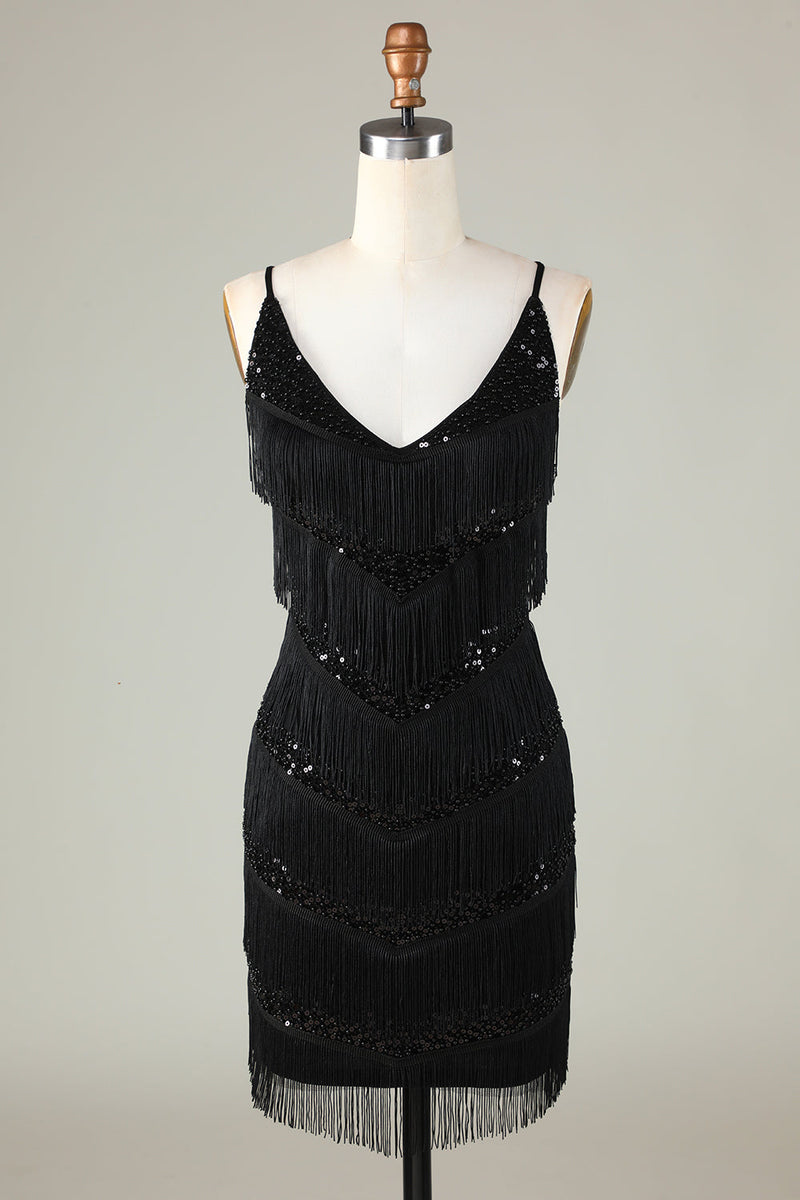 Charger l&#39;image dans la galerie, Paillettes noires scintillantes Robe courte à la maison perlée avec des franges