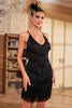 Charger l&#39;image dans la galerie, Fourreau spaghetti bretelles noir paillettes perlé robe des années 20 avec franges