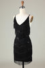 Charger l&#39;image dans la galerie, Paillettes noires scintillantes Robe courte à la maison perlée avec des franges