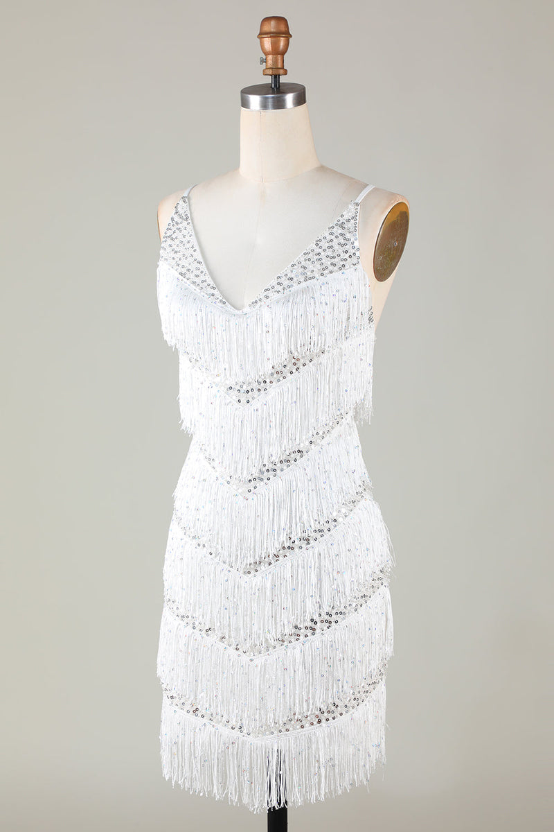 Charger l&#39;image dans la galerie, White Bodycon V-Neck Cross Back Tassel Homecoming Dress