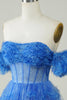 Charger l&#39;image dans la galerie, Manches détachables imprimées bleues Robe courte à volants