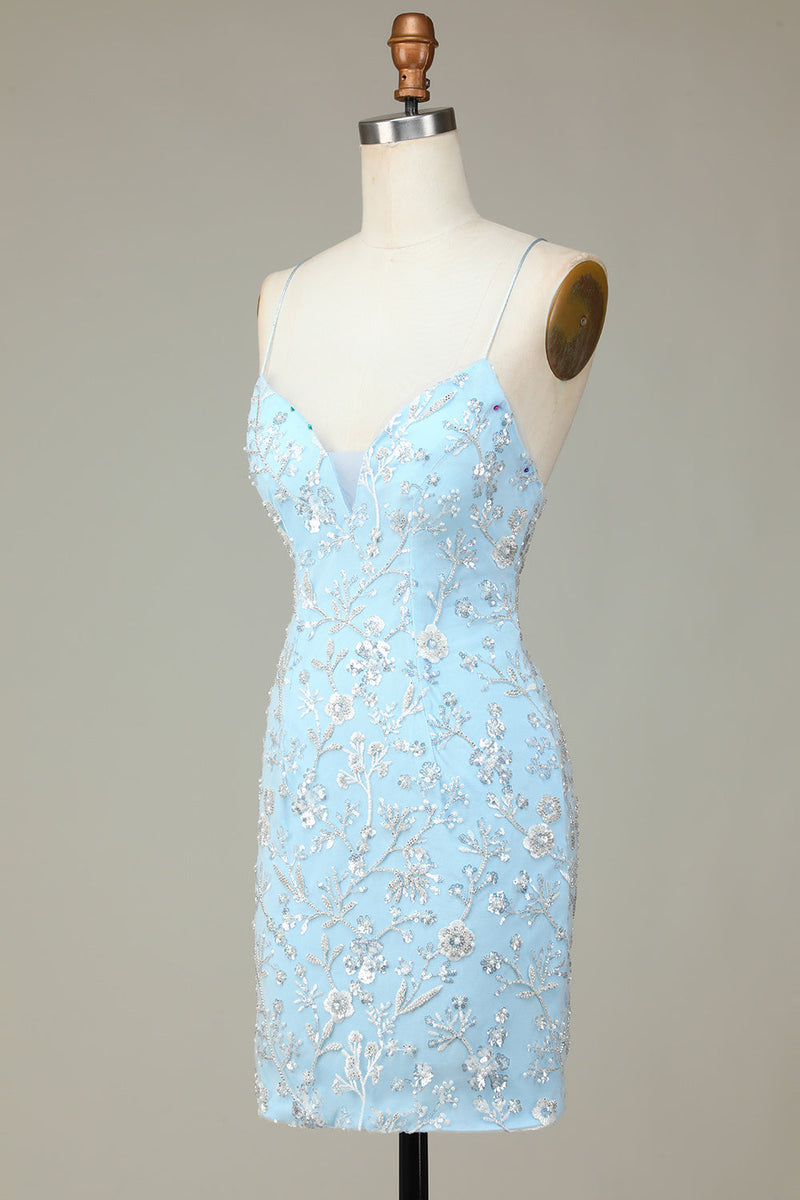 Charger l&#39;image dans la galerie, Paillettes bleues scintillantes Fleurs perlées Robe courte moulante