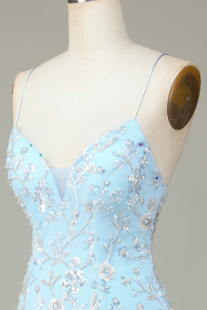 Charger l&#39;image dans la galerie, Paillettes bleues scintillantes Fleurs perlées Robe courte moulante